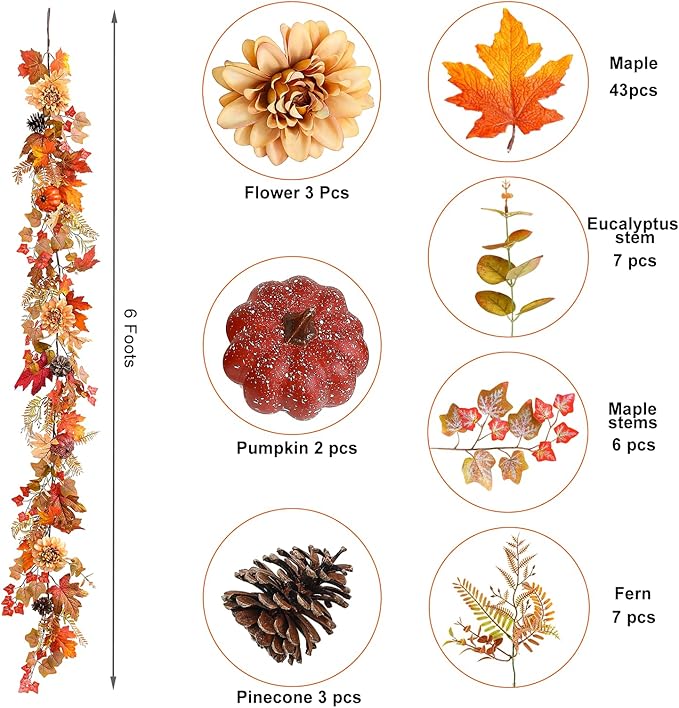 Fall Decor,6 FT Fall Garland for Mantel,Table Centerpiece, Home Porch Fireplace,Door, Lighted Autumn Decoration with Maple Leaves, Pumpkins,Flowers, Pinecones for Thanksgiving, Christmas