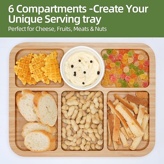 YANG Charcuterie Board with Lid, Divided Bamboo Serving Tray with Handle & Locking Lid, Portable Serving Platter for Party Outdoor Picnics Camping Gift Ready (6 Compartments,Rectangular)