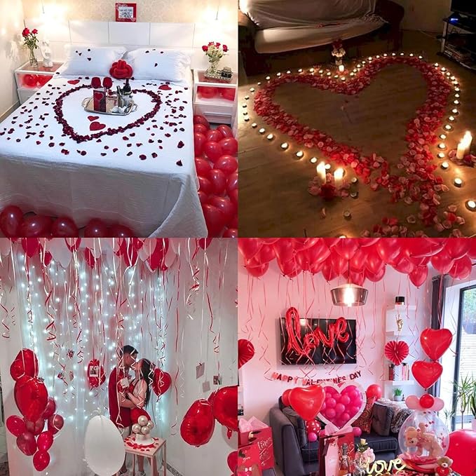 Anniversary Decorations, Happy Anniversary Banner, Pink Hanging String Hearts, Pink and White Balloons, Love Balloon, Red Silk Rose Petals for Wedding Bridal Shower Bachelorette Party Decorations