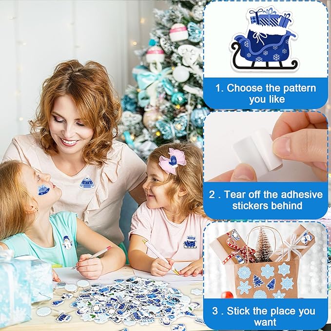 JULBEAR Winter Foam Sticker, 300Pcs Penguin Snowman Snowflakes Self Adhesive Foam Stickers for Kids Christmas Party Favors DIY Crafts Winter Holiday Decorations