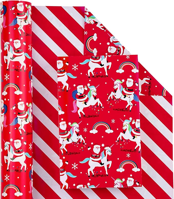 WRAPAHOLIC 30 Inch Jumbo Reversible Unicorn Christmas Wrapping Paper - 30 Inch x 33 Feet - Red Santa Claus, Unicorn Wrapping Paper and Stripe Design for Holiday, Party Celebration