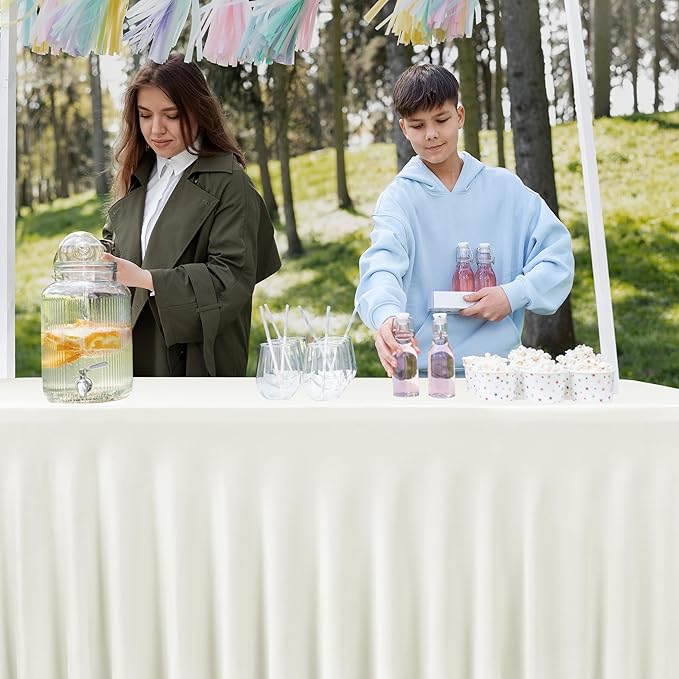 HolidayIdeas Spandex Table Skirts for Rectangle Tables 8 Ft, Fitted Stretch Table Cover 30x96 Inch, Wrinkle-Free Ruffle Design Tablecloths for Banquets,Trade Shows, Parties, Events, 4 Pack, Beige