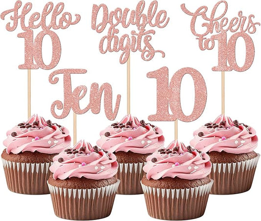 30PCS Happy 10th Birthday Cupcake Toppers Glitter Ten Double Digits Hello 10 Cupcake Picks Cheers to 10 Birthday Decorations for 10th Birthday Anniversary Party Cake Decorations Supplier Rose Gold