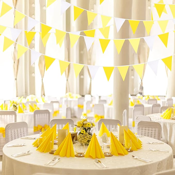 32Ft Yellow Party Decorations Yellow White Pennant Banner Fabric Triangle Flag Bunting Garland for Lemon Bee Sunflower Birthday Baby Shower Anniversary Wedding Party Home Outdoor Garden Decorations