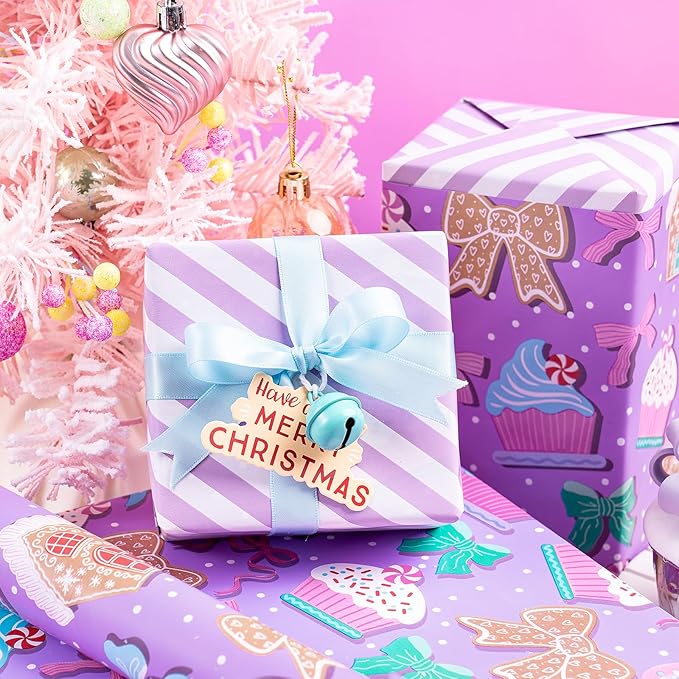 RUSPEPA Christmas Reversible Wrapping Paper Roll for Kids Girls, Mini Roll, Purple Gingerbread Cookies, Candy Canes and White Purple Stripes Ideal for Holiday Gifts, Christmas, 17 Inches x 16.4 Feet