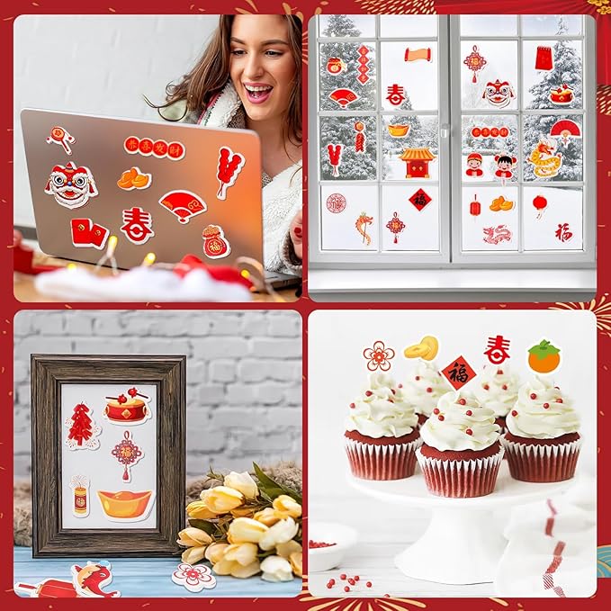 JULBEAR 300pcs Chinese New Year Foam Stickers 2026 Year Candy Sticker Chocolate Labels Sticker for Chinese New Year Spring Festival Decoration Party Favor Gift Card Supplies