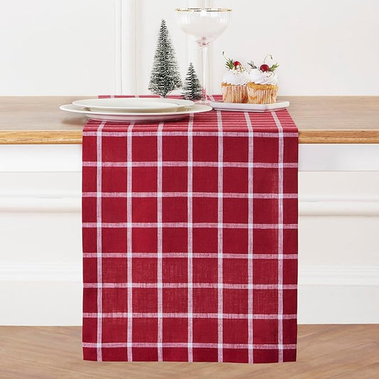 Solino Home Linen Plaid Table Runner 48 Inches - 100% Pure Linen Windowpane Red Short Table Runner 14 x 48 Inch Ideal for Dresser and Coffee Tables - Christmas, Xmas