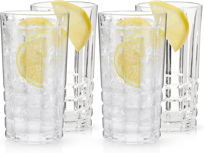Viski Highland Highball Drinking Glasses Set of 4 - Premium Crystal Square Cut Tall Cocktail Glassware Gift Set, 12 oz