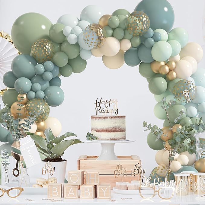 Amandir 173Pcs Dusty Blue Green Balloon Garland Arch Kit, Haze Fog Blue Ash Mist Sage Green Sand White Gold Confetti Balloons for Baby Shower Wedding Bridal Boho Birthday Party Backdrop Decorations
