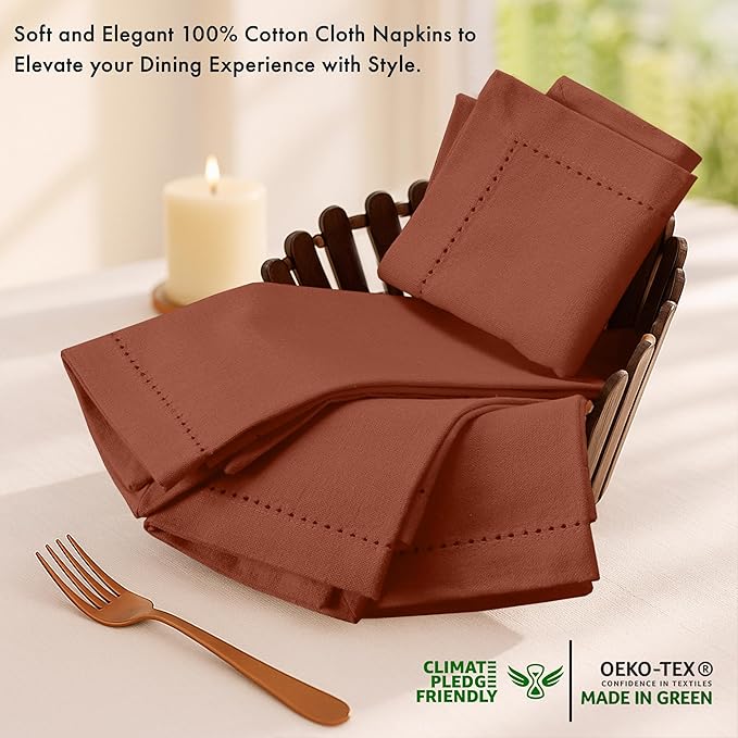 Ruvanti Cloth Napkins - 100% Cotton Dinner Napkins, Hem Stitched Corners, 18x18 Inch, 12 Pack - Soft, Absorbent, Durable, Reusable, Wrinkle Resistant for Formal Dining & Everyday Use - Rust