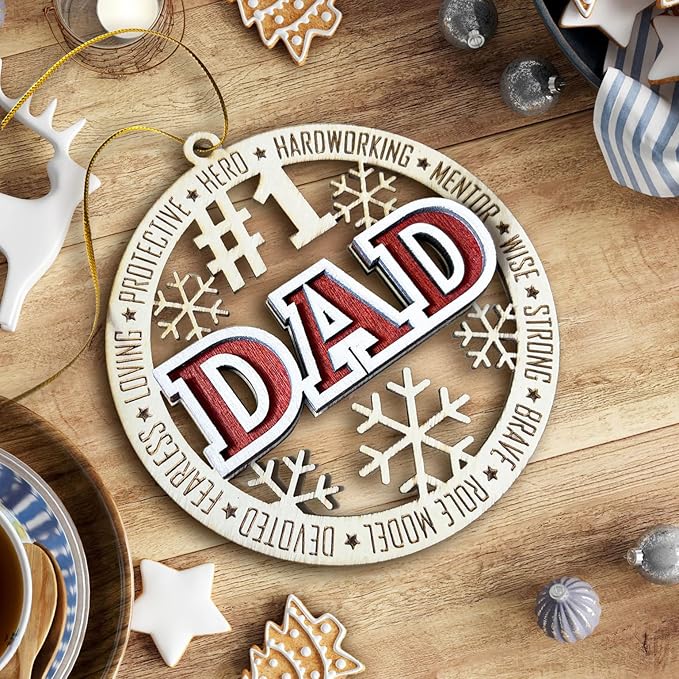 #1 Dad Wooden Christmas Ornament – Best Dad Ever 2024, Father’s Day Tree Décor, Hero Ornament