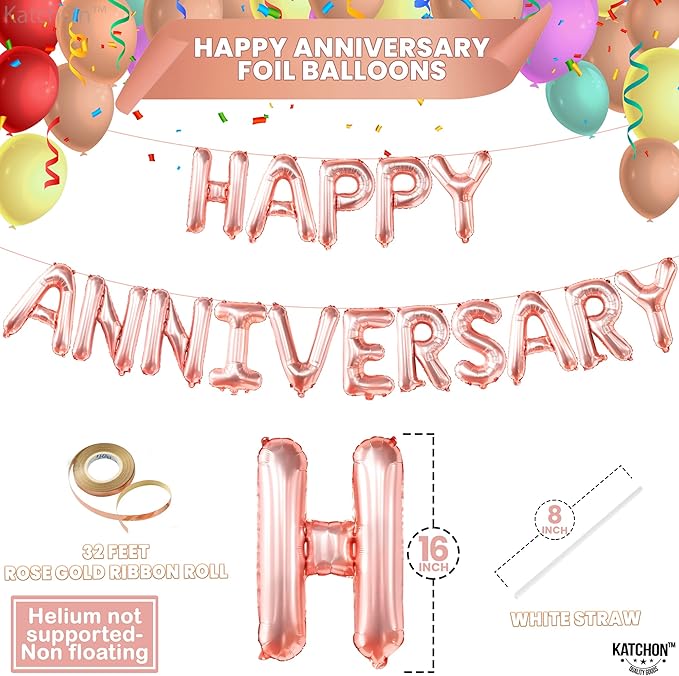 KatchOn Rose Gold Happy Anniversary Balloons Letters - 16 Inch | Anniversary Banner for Decorations | Backdrop | Balloon Banner