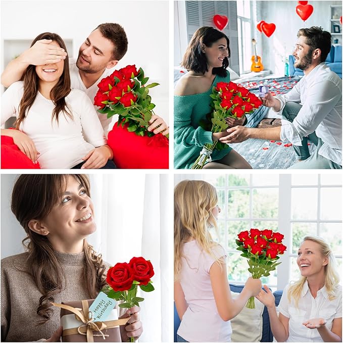Wondrus Bulk Artificial Flowers 100 PCS, Fake Velvet Silk Red Roses with Long Stems Realistic Bouquet for Wedding Centerpieces, Faux Arrangement for Home Table Decor
