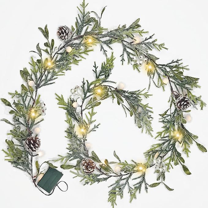 6FT Snowy Garland Christmas, Pre-lit Garland with 20 LED Lights, Pine Cones, White Berry&Ball, Battery Operated with Timer, Indoor Christmas Decoration for Holiday New Year