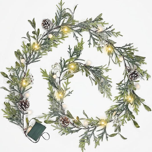 6FT Snowy Garland Christmas, Pre-lit Garland with 20 LED Lights, Pine Cones, White Berry&Ball, Battery Operated with Timer, Indoor Christmas Decoration for Holiday New Year