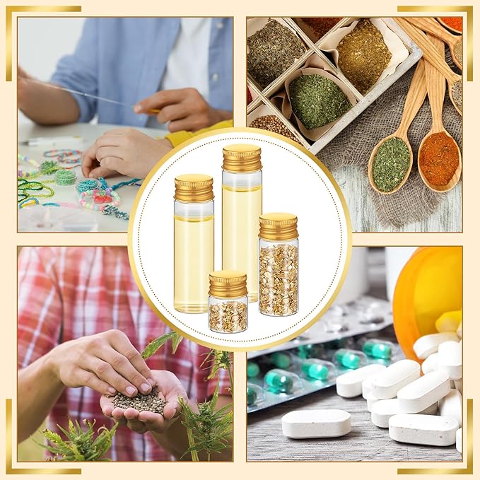 100 Pcs Small Clear Vials Spice Mini Jars with Lids Mini Glass Bottles with Screw Aluminum Metal Caps Tiny Jars Sample Containers for Powder Cream Cosmetic Jewelry Wedding (4 Size,Gold Caps)