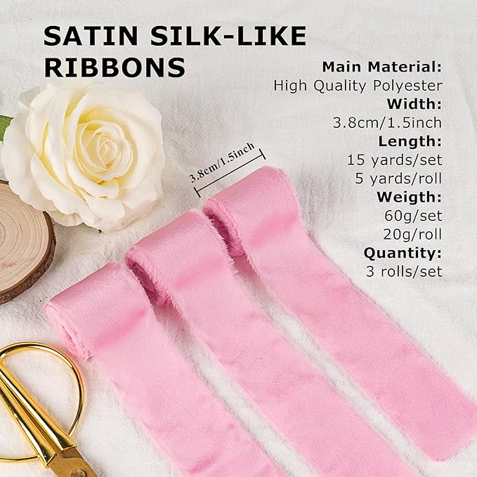 Satin Silk Ribbon, Light Pink Ribbon for Wrapping, 1-1/2 inch x 15 Yd Handmade Fabric Frayed Fringe Ribbons, for Wedding Engagement Bridal Shower Craft Flower Bouquet Invitation Decor, 3 Rolls