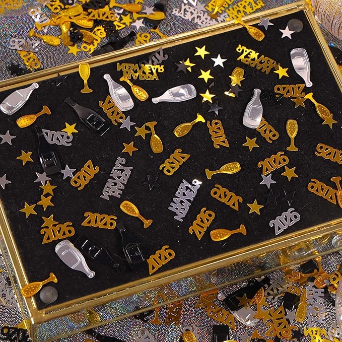 2026 New Years Confetti, 2.12 oz Shinny Metallic 2026 Happy New Year Stars Bottles Mixed Confetti for Tables 2026 New Year Decorations New Years Eve Party Supplies | Silver Black Gold