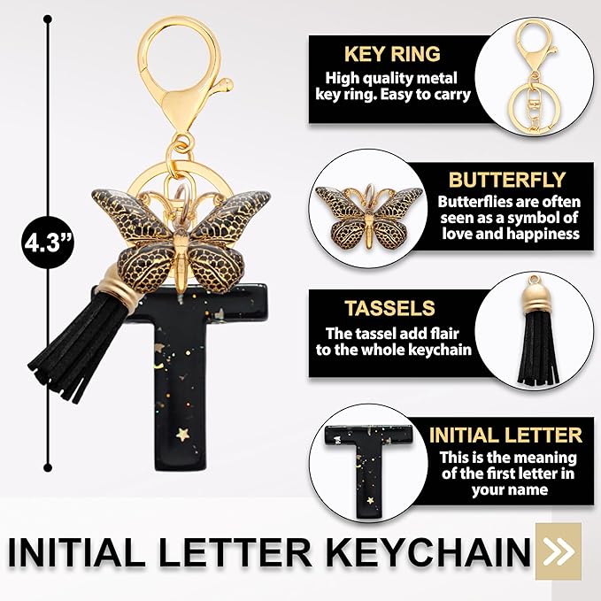Initial Letter Keychain, Butterfly Keychain Cute Resin, Initial Keychain Backpack Charms, Key chain for Women, Girls