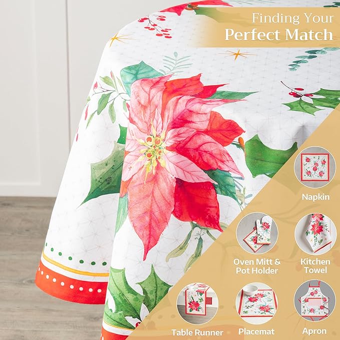 Maison d' Hermine Table Cloth Round Table 100% Cotton 63 Inches Fall Tablecloth Reusable Everyday Use for Thanksgiving Christmas Decorations Dining Farmhouse Party (Poinsettia Christmas)