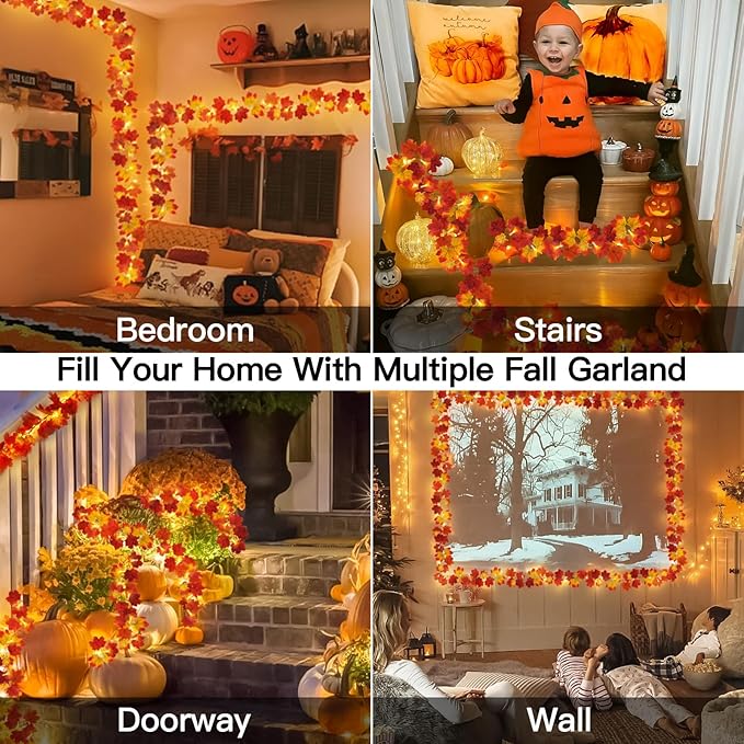 suddus Fall Garland with Lights Battery Operated, 20 LED Lighted Orange Fall Leaf Garland, Thanksgiving Fairy String Lights with Remote for Table, Mantle, Office, Porch, Halloween, Home Decoration