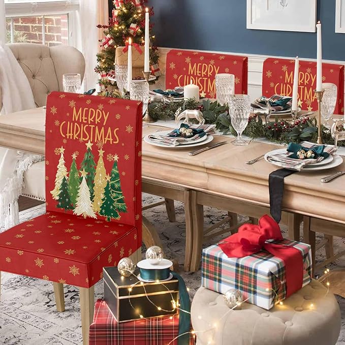 Horaldaily 8PCS Christmas Dining Red Chair Covers, Christmas Pine Tree Stars Stretch Removable Washable Slipcover Chair Protector for Dining Room Home Decor