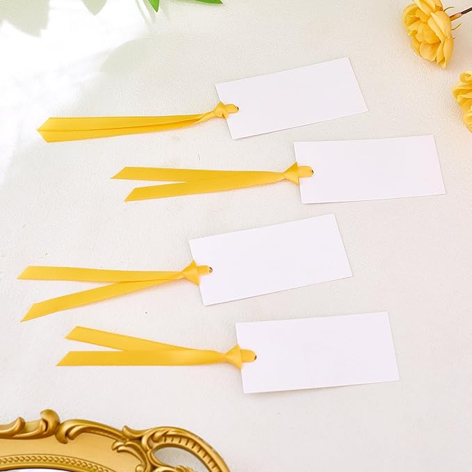 60pcs Wedding Banquet Place Cards for Table Setting.Name Table Cards .Name Cards with Ribbons. Can be Used for Wedding Banquet Table Decoration and Present Tags for Parties (Golden Yellow)