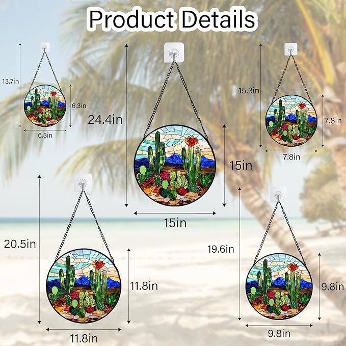 Stained Glass Window Hanging, Green Cactus Suncatcher for Doors Window Home Plant Landscape Sun Catchers Decoration Mother's Day Birthday Gifts for Women, Men, and Mom 11.8 in