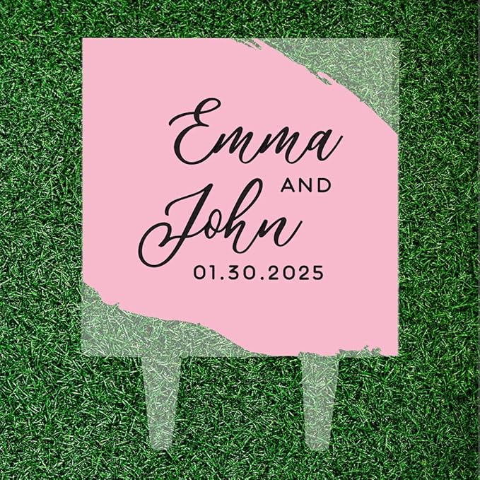 Andaz Press Modern Pink Brushstroke Custom Wedding Cake Topper, Acrylic Square Personalized Couple Cake Topper