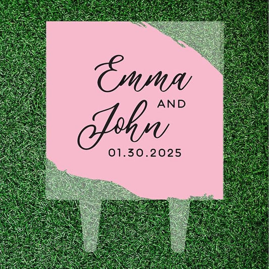 Andaz Press Modern Pink Brushstroke Custom Wedding Cake Topper, Acrylic Square Personalized Couple Cake Topper