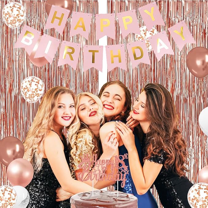18th Birthday Decorations for Girls, Rose Gold 18th Birthday Party Set with Crown, Sash, Cake Topper, Balloons, Banner, Fringe Curtains - Perfect 18th Birthday Party Supplies