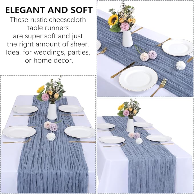 6 Pack Dusty Blue Cheesecloth Table Runner 10FT Boho Gauze Fabric Table Runner 35 x 120 Inch Rustic Sheer Runner for Centerpiece Wedding Decor Baby Shower Party Boho Table Decoration