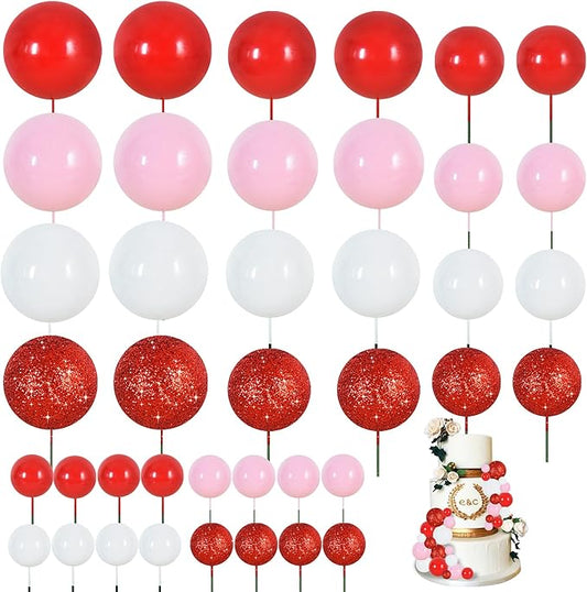 BEISHIDA 40 Pcs Foam Ball Cake Toppers with Sticks Mini Ball Cake Decorations for Birthdays, Weddings, Valentines, DIY Baking Supplies, Anniversary Party (Red, Pink, White)