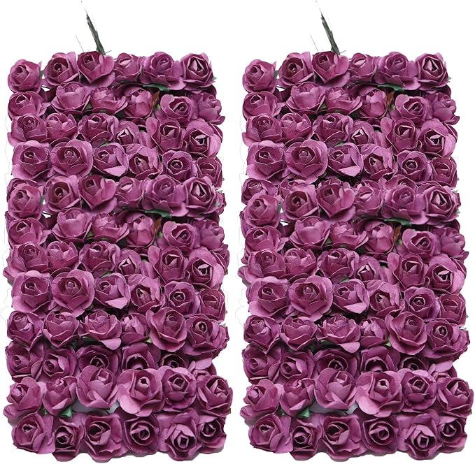 144pcs Mulberry Paper Mini Roses Artificial Flowers Heads with Stems for DIY Crafts Accessories Make Bridal Hair Clips Headbands Dress Wedding Bridal Bouquets Party Home Decor Valentine's (Purple Red)