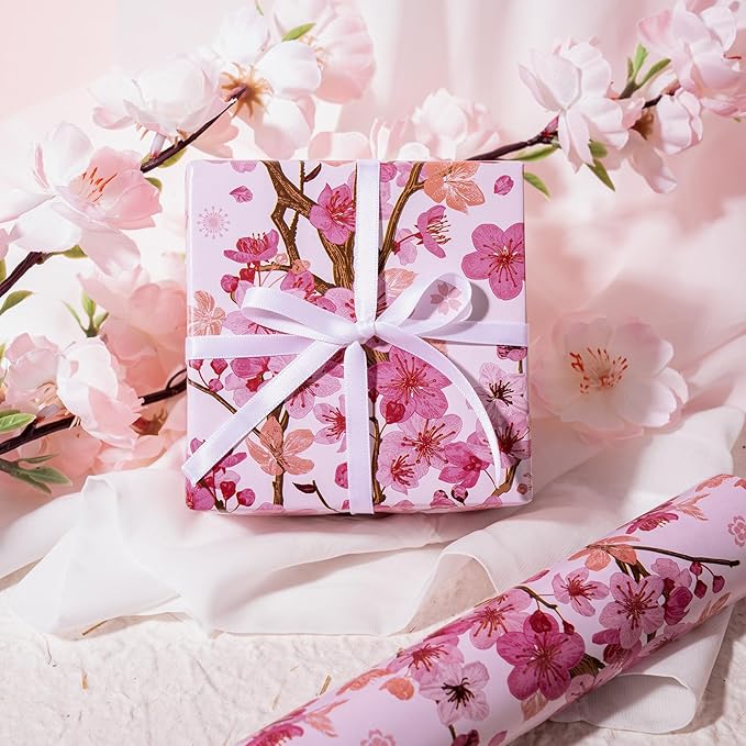 WRAPAHOLIC Floral Wrapping Paper Roll - Mini Roll - 17 Inch x 33 Feet - Sakura Blossom Wrapping Paper for Birthday, Wedding, Bridal Shower, Mother's Day, Valentine's Day