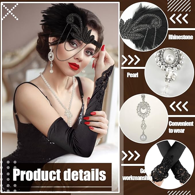 Maitys 1920s Accessories Set for Women Flapper Costume Feather Headband Necklace Bracelet Earrings