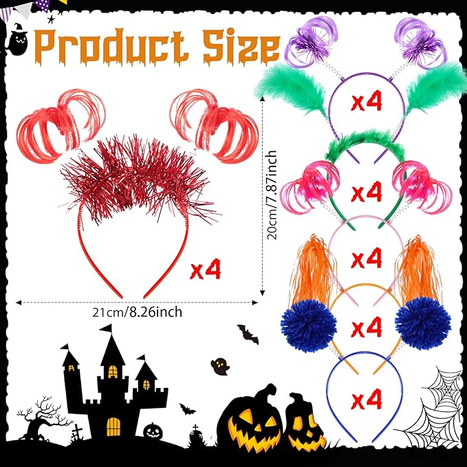 Censen 24 Pcs Pom Pom Headband Tinsel Wrapped Ponytail Head Bopper Costume Headwear Halloween Party Accessory