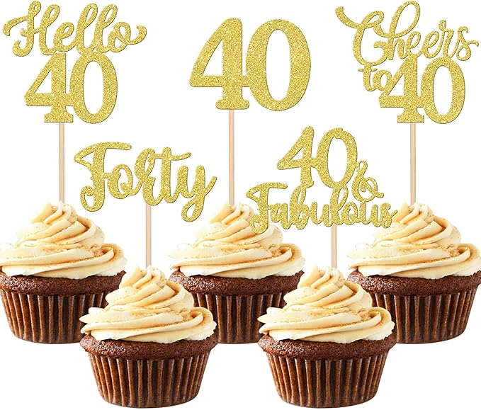30PCS Happy 40th Birthday Cupcake Toppers Glitter Hello 40 Fabulous Forty Cheers to 40 Years Old Birthday Cupcake Picks for Happy 40th Birthday Anniversary Party Cake Decorations Supplies Gold