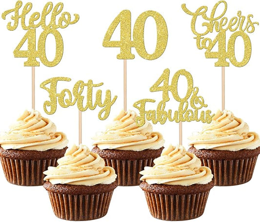 30PCS Happy 40th Birthday Cupcake Toppers Glitter Hello 40 Fabulous Forty Cheers to 40 Years Old Birthday Cupcake Picks for Happy 40th Birthday Anniversary Party Cake Decorations Supplies Gold