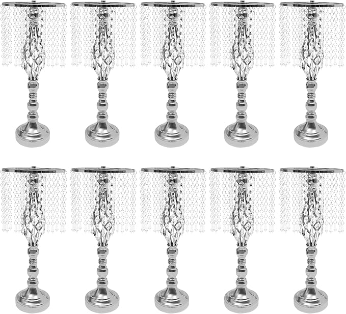Wedding Centerpieces Gold Vases,10PCS Metal Flower Candle Holder with Sparkling Crystal Beads,Crystal Flower Vase Metal Flowers Stand for Party Tables Decorations (Sliver-10PCS-14CM)