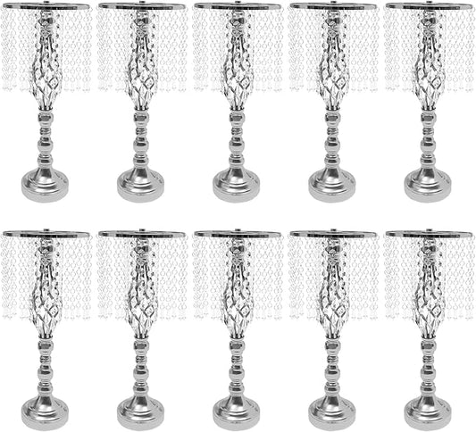 Wedding Centerpieces Gold Vases,10PCS Metal Flower Candle Holder with Sparkling Crystal Beads,Crystal Flower Vase Metal Flowers Stand for Party Tables Decorations (Sliver-10PCS-14CM)