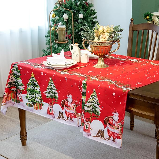 Christmas Waterproof Tablecloth – Red Holiday Table Cover with Santa Claus, Reindeer, Tree & Snowflake Design – Festive Dining Decor for Christmas Party and Home, W60 x L02 in