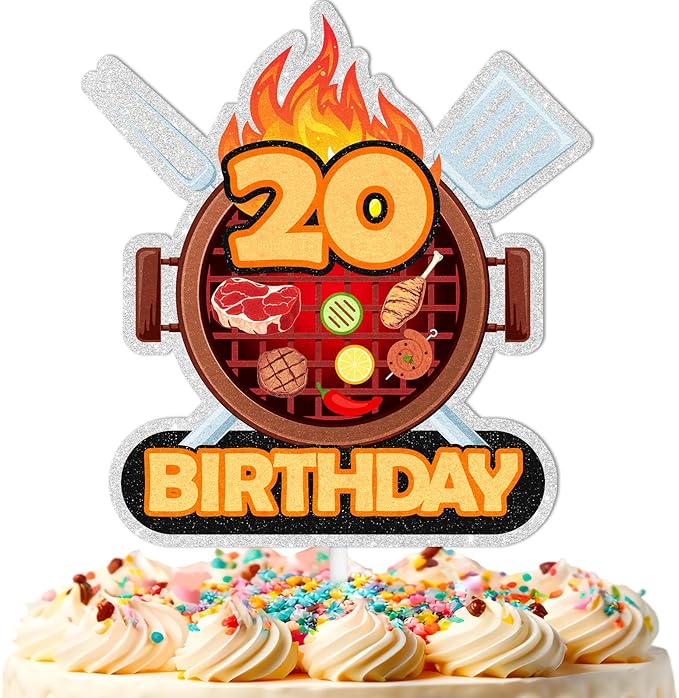 Barbecue Cake Topper 20th Birthday Happy BBQ Sausage Decorations for Men and Women Birthday Party, Summer Outdoor Picnic Party, Anniversary Friends Family Event Gathering Cooking Grill Decoration