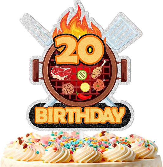 Barbecue Cake Topper 20th Birthday Happy BBQ Sausage Decorations for Men and Women Birthday Party, Summer Outdoor Picnic Party, Anniversary Friends Family Event Gathering Cooking Grill Decoration