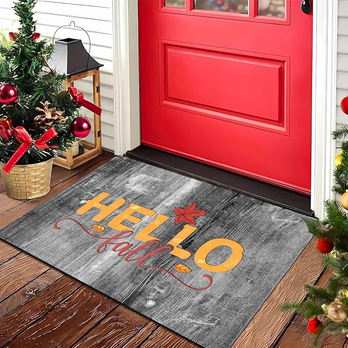 Hello Fall Door Mat Fall Maple Leaves Welcome Doormat, Seasonal Harvest Thanksgiving Vintage Rustic Low-Profile Floor Switch Mat for Indoor Outdoor, 24"x16"inch