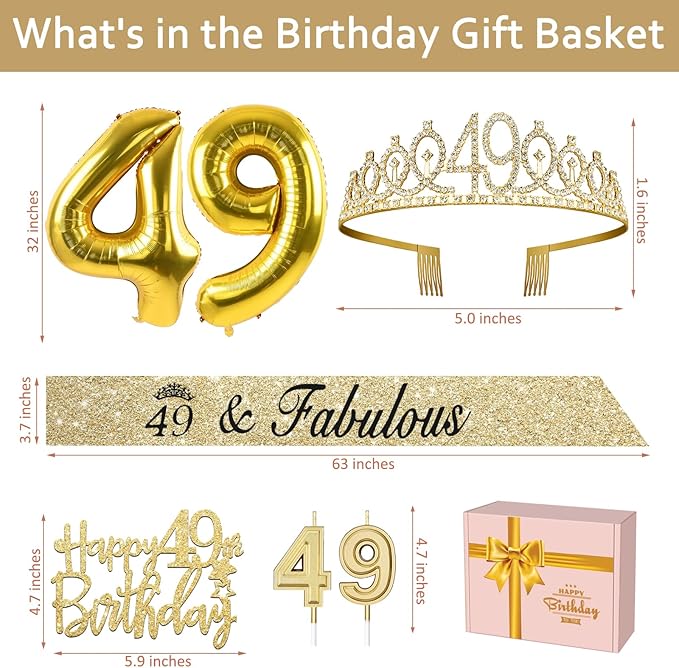 49th Birthday Decorations for Women Gold with 49th Birthday Sash and Tiara, Cake Topper and Candles,Number Balloons, 49 Year Old Gifts for Women