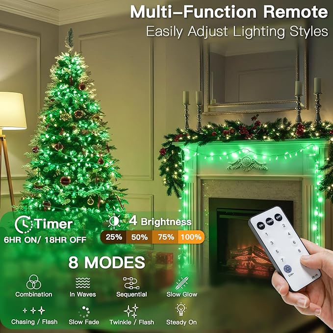 suddus Connectable Green Lights Outdoor with Remote, 33ft 100 LED Chirstmas String Lights Plug in Waterproof, Dimmable Clear Wire Fairy Lights for Xmas Tree,Halloween,Garden,Porch,Party Decorations