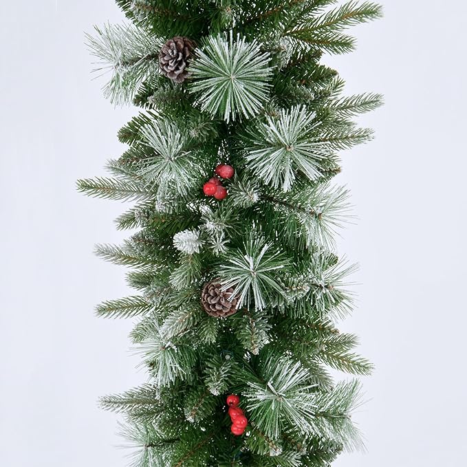 9ft Artificial Christmas Snow Garland with 50 Clear Lights, Pulg in, Pine Cone, Red Berry Battery Powered String Light for Outdoor Indoor, Home Decoration Mantle Stairs Railing Fireplace Door