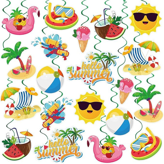 40Pcs Summer Hanging Swirls, Hello Summer Pool Beach Hanging Swirls Summer Hanging Decorations Streamers Foil Ceiling Swirls for Summer Hawaiian Luau Birthday Party Baby Shower Decor