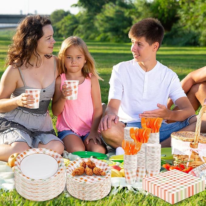 Orange Gingham Plates and Napkins Party Supplies,Orange and White Disposable Tableware Set,Checkeorange Plaid Paper Plates for Birthday Family Dinner Picnic Barbecue Baby Shower Decor Serves 25